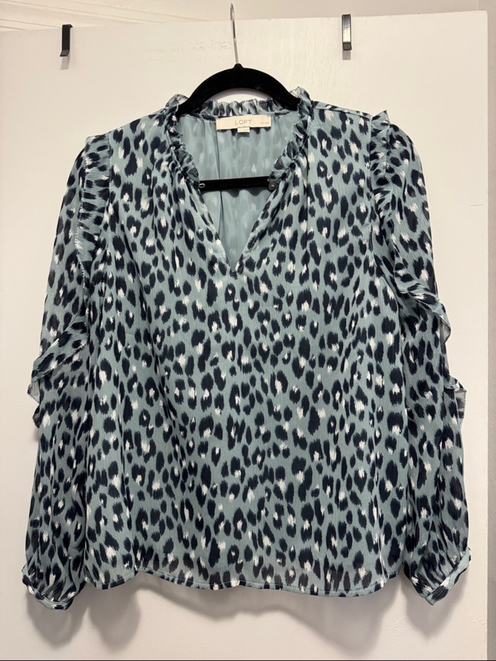 LOFT Teal and Black Leopard-Print Ruffle V-Neck Blouse